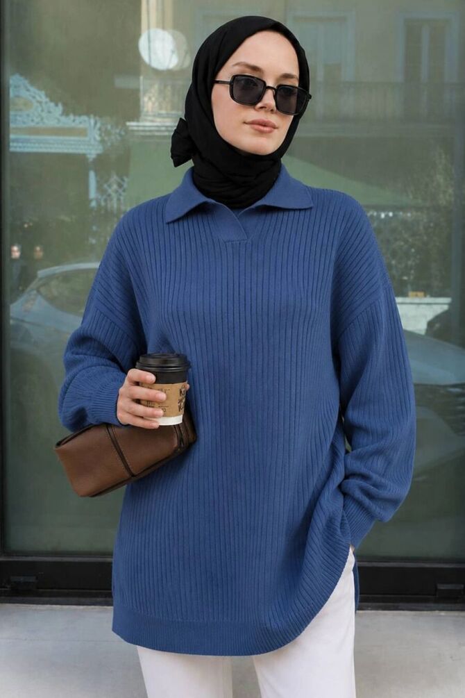 Fitilli İndigo Mavisi Tesettür Triko Kazak Tunik 65903IM - 1