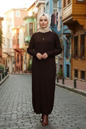 Fitilli Kahverengi Tesettür Triko Elbise 33672KH 