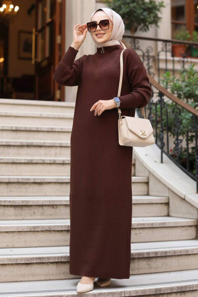 Fitilli Kahverengi Tesettür Triko Elbise 60481KH - 1