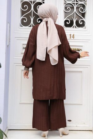 Fitilli Kahverengi Tesettür Triko İkili Takım 50631KH - 3