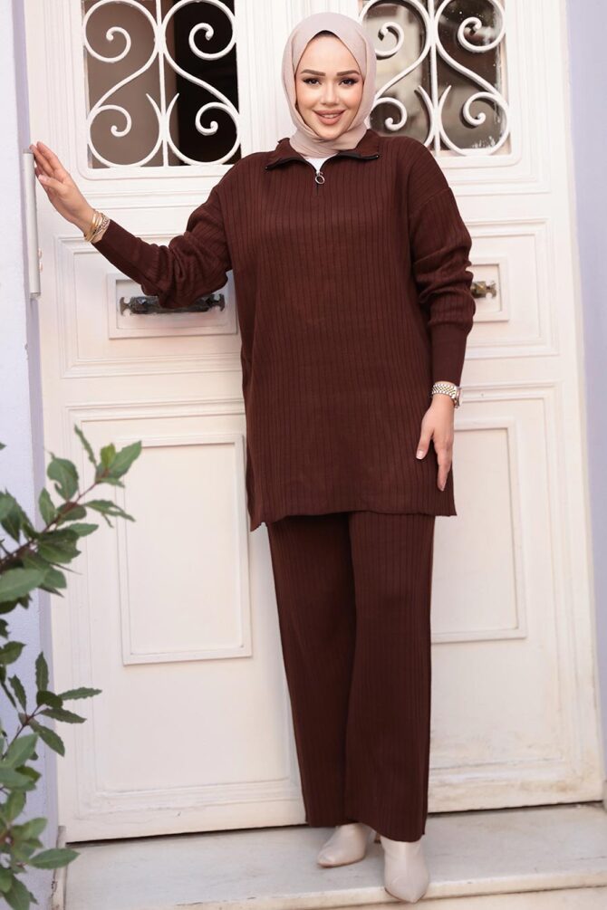 Fitilli Kahverengi Tesettür Triko İkili Takım 60381KH - 2