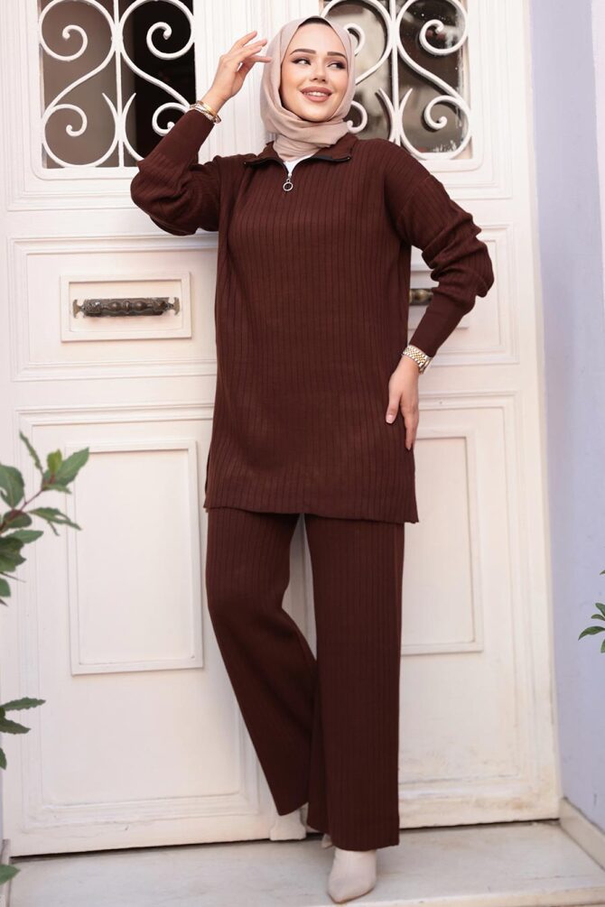 Fitilli Kahverengi Tesettür Triko İkili Takım 60381KH - 1