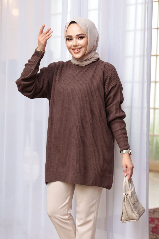 Fitilli Kahverengi Tesettür Triko Kazak Tunik 29141KH - N.S NEVA STYLE