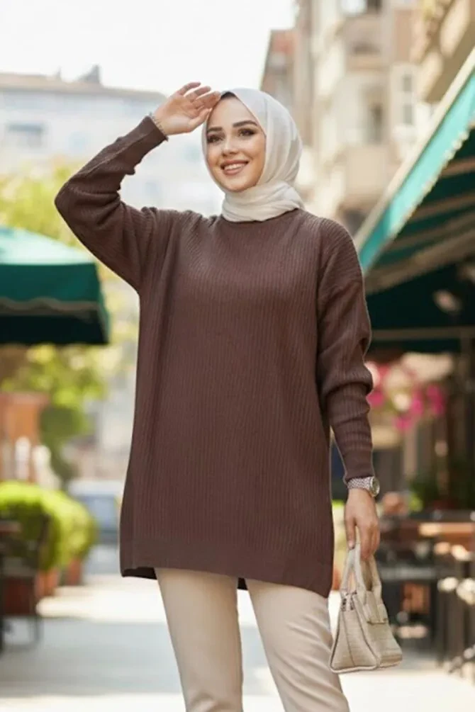 Fitilli Kahverengi Tesettür Triko Kazak Tunik 29141KH - 1