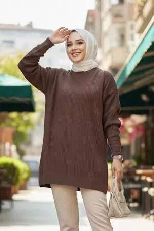 Fitilli Kahverengi Tesettür Triko Kazak Tunik 29141KH 