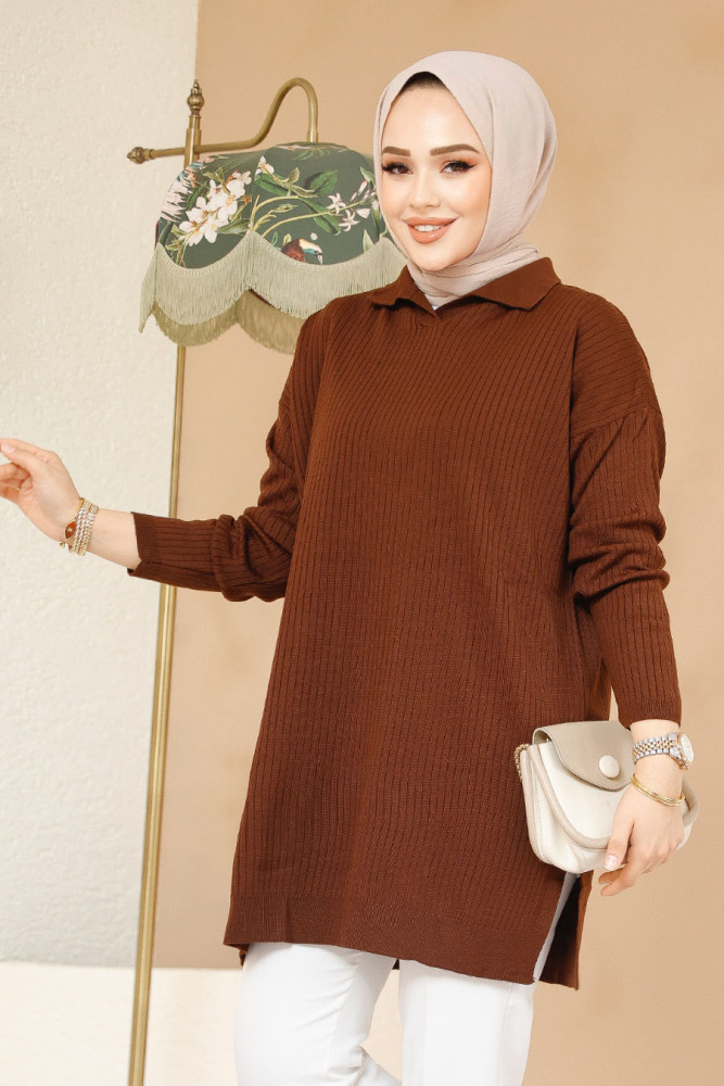 Fitilli Kahverengi Tesettür Triko Tunik 65903KH - 1