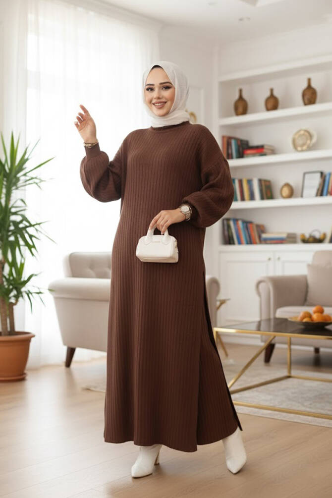 Fitilli Kahverengi Triko Tesettür İkili Takım 17207KH - 1