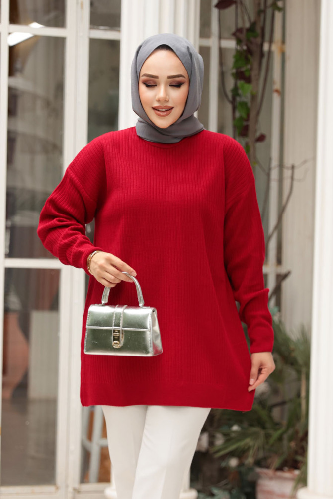 Fitilli Kırmızı Tesettür Triko Kazak Tunik 29141K - 2
