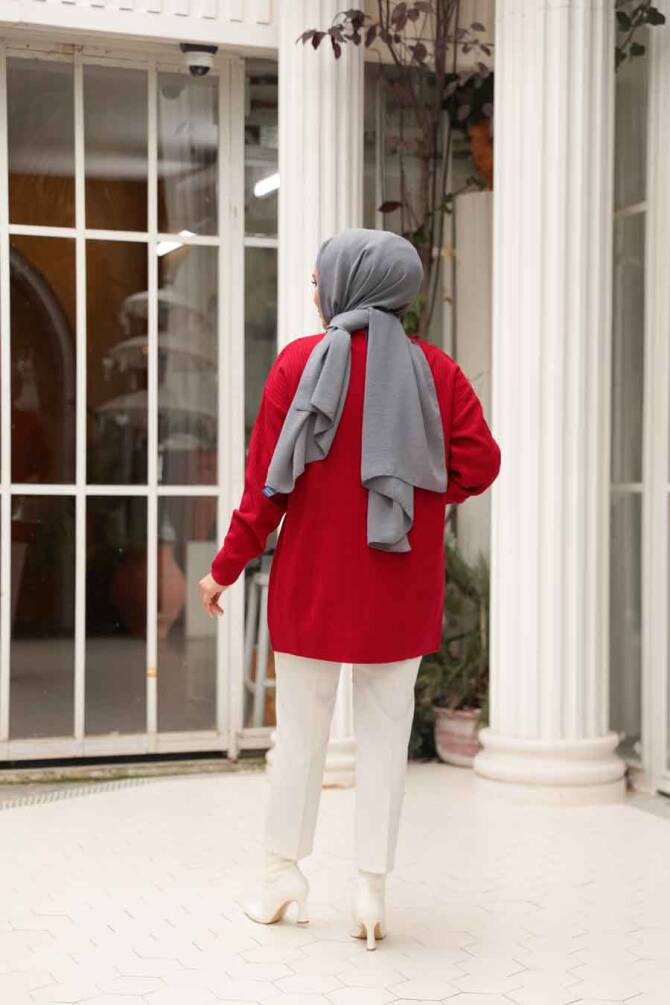 Fitilli Kırmızı Tesettür Triko Kazak Tunik 29141K - 3