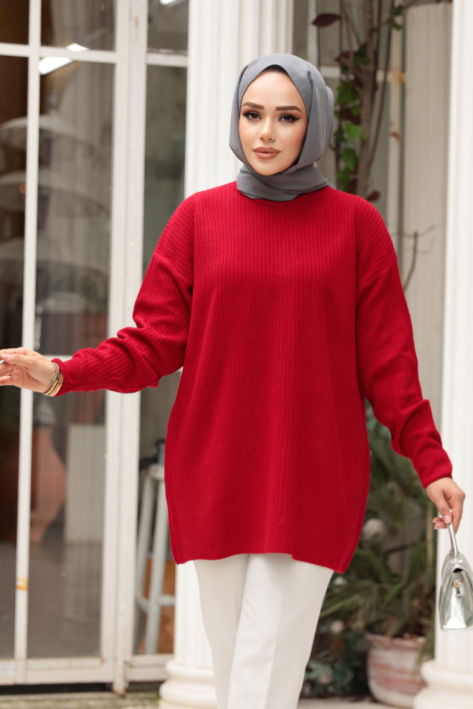 Fitilli Kırmızı Tesettür Triko Kazak Tunik 29141K - N.S NEVA STYLE