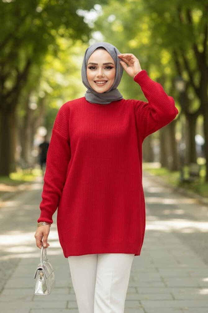 Fitilli Kırmızı Tesettür Triko Kazak Tunik 29141K - 1