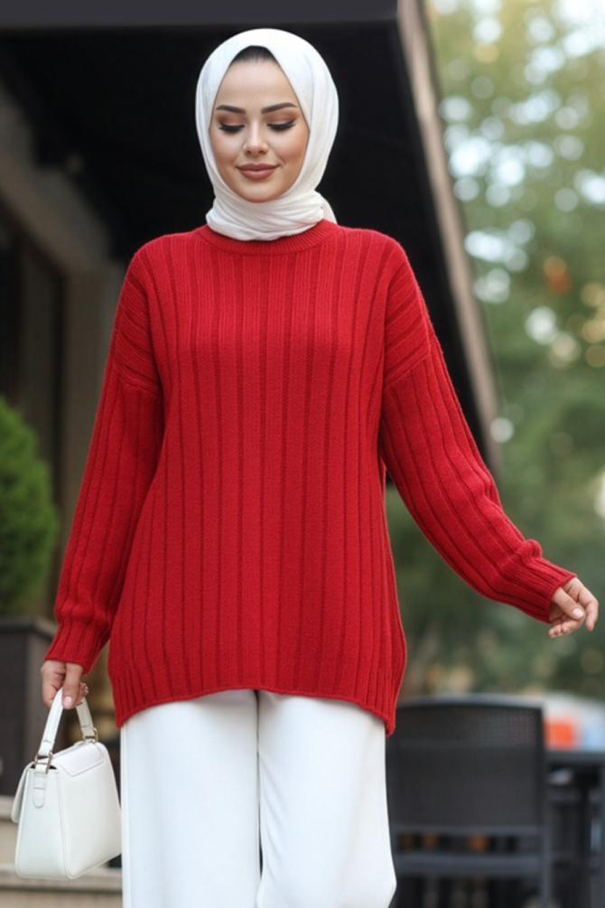 Fitilli Kırmızı Tesettür Triko Kazak Tunik 8844K - 1