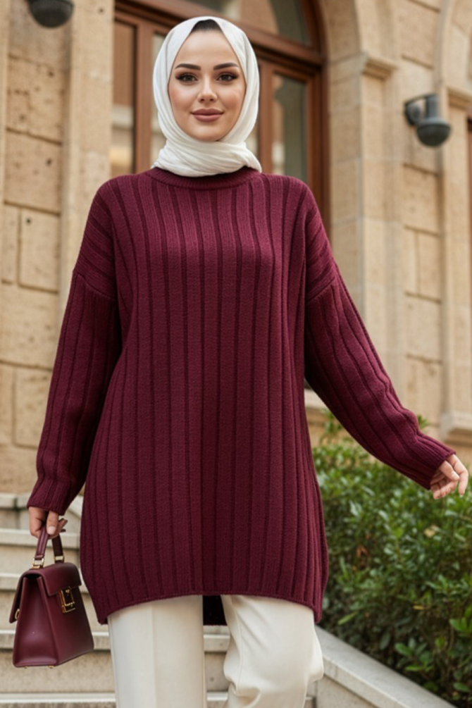Fitilli Koyu Bordo Tesettür Triko Kazak 8844KBR - 1