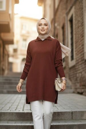 Fitilli Koyu Kahverengi Tesettür Triko Kazak Tunik 65903KKH 