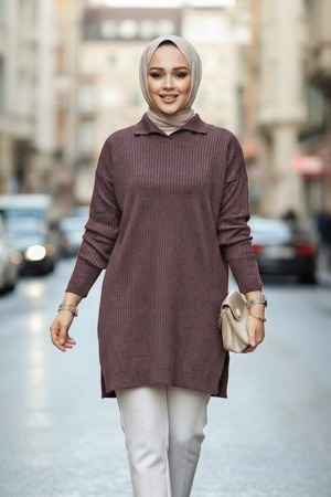Fitilli Koyu Lila Tesettür Triko Kazak Tunik 65903KLILA 