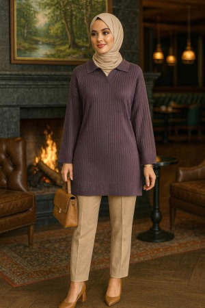 Fitilli Koyu Lila Tesettür Triko Tunik 65903KLILA - 1
