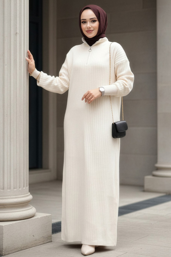 Fitilli Krem Tesettür Triko Elbise 60481KR - 1
