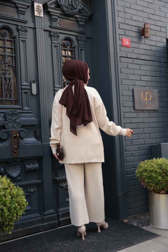Fitilli Krem Tesettür Triko İkili Takım 60381KR - 5