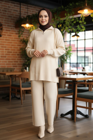 Fitilli Krem Tesettür Triko İkili Takım 60381KR 