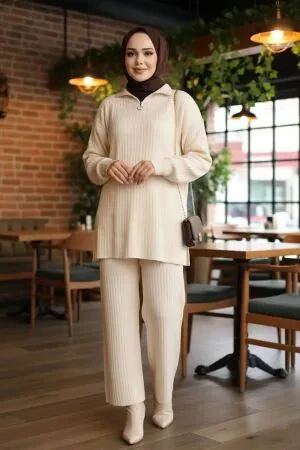 Fitilli Krem Tesettür Triko İkili Takım 60381KR 
