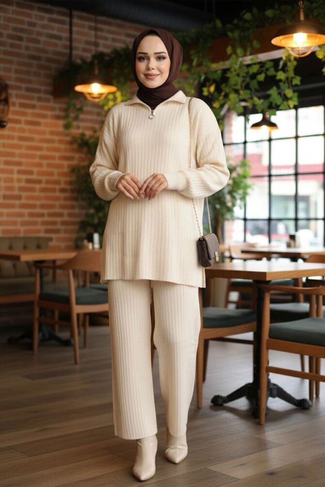Fitilli Krem Tesettür Triko İkili Takım 60381KR - 1