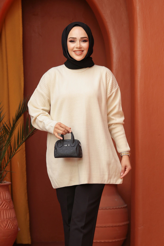  Fitilli Krem Tesettür Triko Kazak Tunik 29141KR - 2