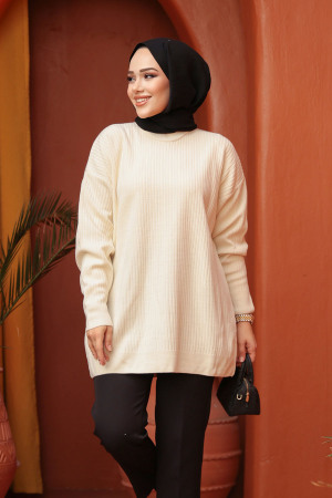  Fitilli Krem Tesettür Triko Kazak Tunik 29141KR - 1