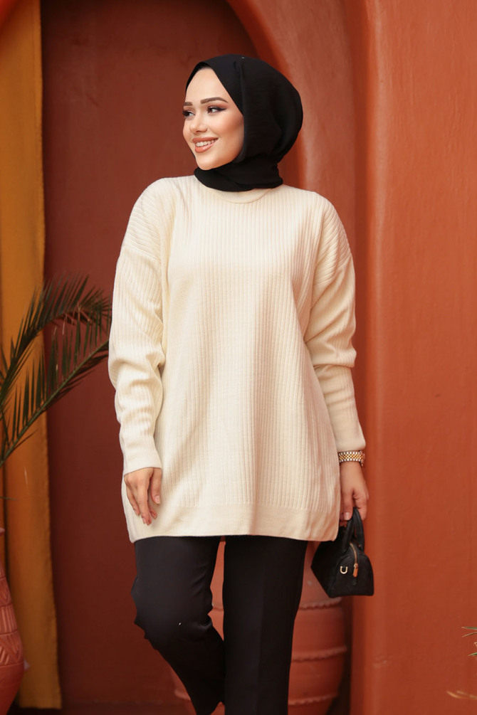  Fitilli Krem Tesettür Triko Kazak Tunik 29141KR - 1