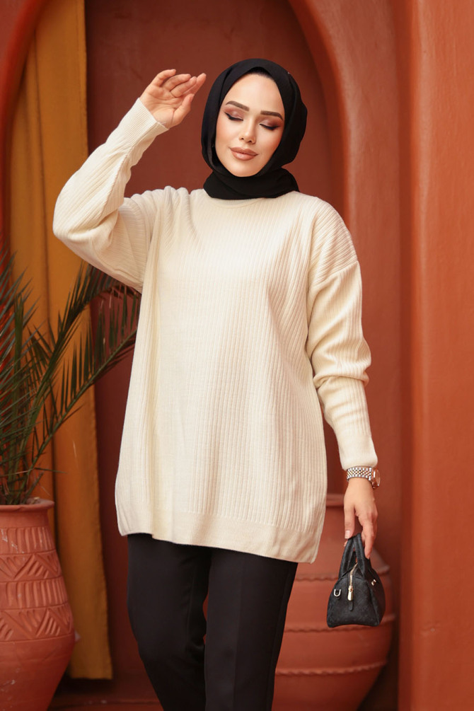  Fitilli Krem Tesettür Triko Kazak Tunik 29141KR - 3