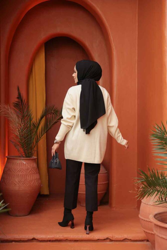  Fitilli Krem Tesettür Triko Kazak Tunik 29141KR - 4
