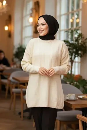  Fitilli Krem Tesettür Triko Kazak Tunik 29141KR - 1
