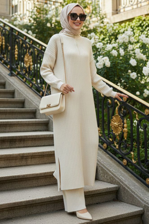 Fitilli Krem Triko Tesettür İkili Takım 17207KR 