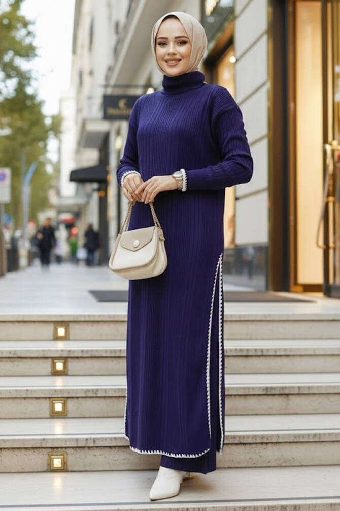 Fitilli Lacivert Tesettür Triko İkili Takım 35971L - 1