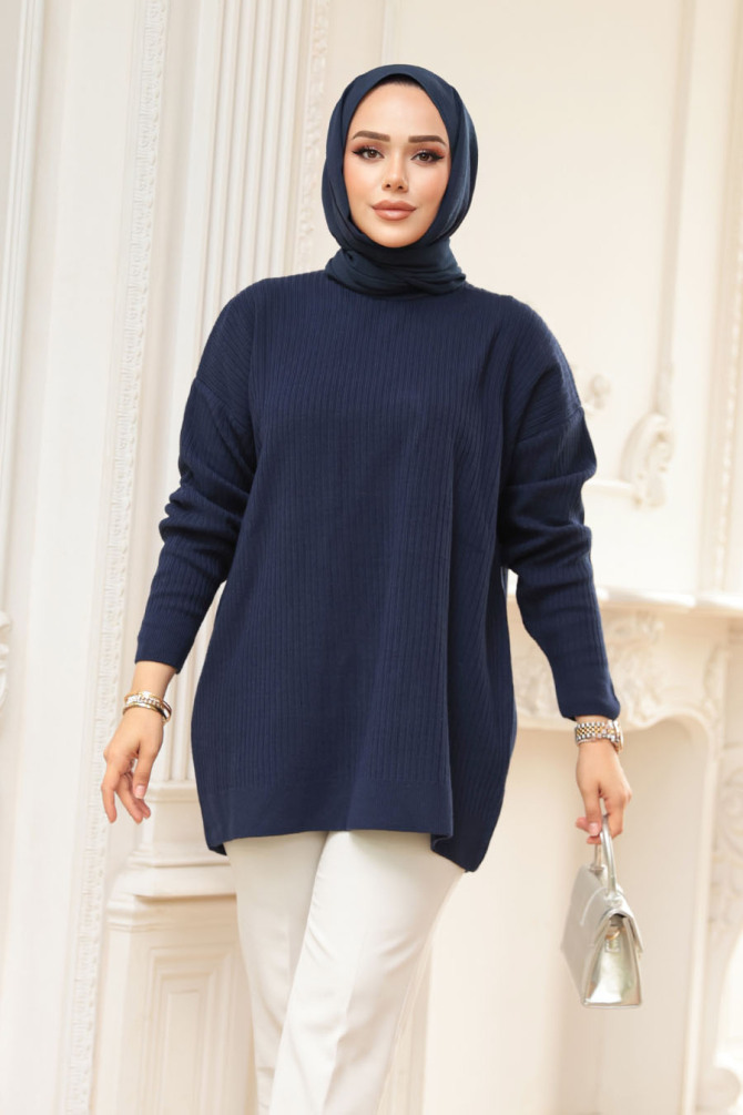 Fitilli Lacivert Tesettür Triko Kazak Tunik 29141L - 3