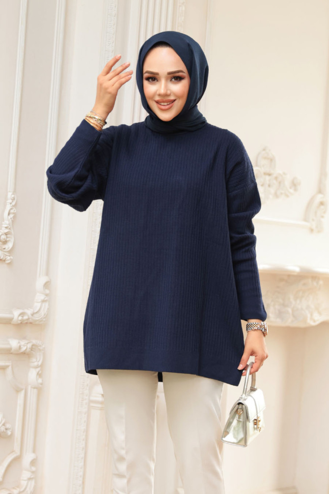 Fitilli Lacivert Tesettür Triko Kazak Tunik 29141L - N.S NEVA STYLE