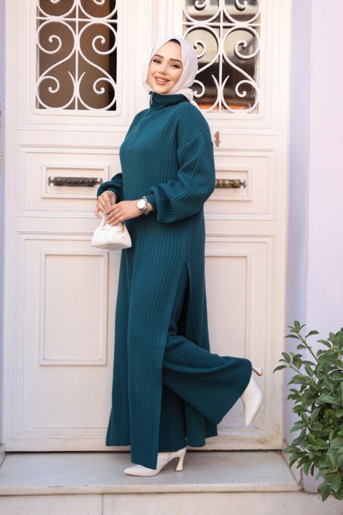 Fitilli Petrol Yeşili Triko Tesettür İkili Takım 17207PY - N.S NEVA STYLE