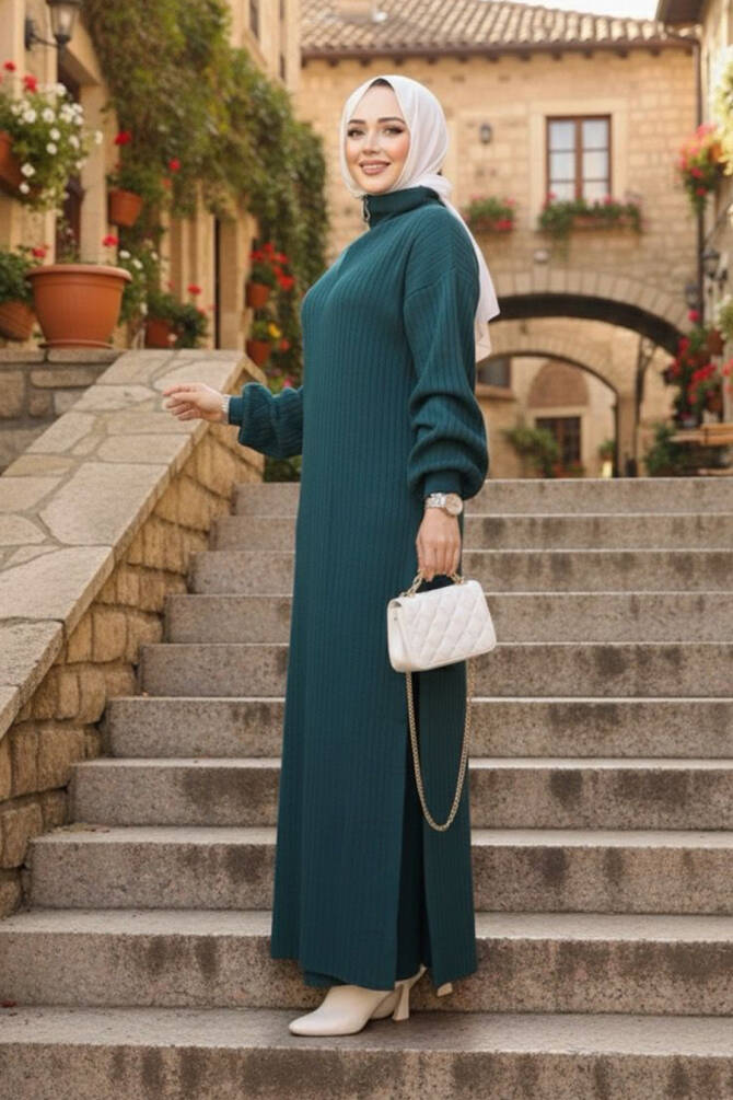 Fitilli Petrol Yeşili Triko Tesettür İkili Takım 17207PY - N.S NEVA STYLE