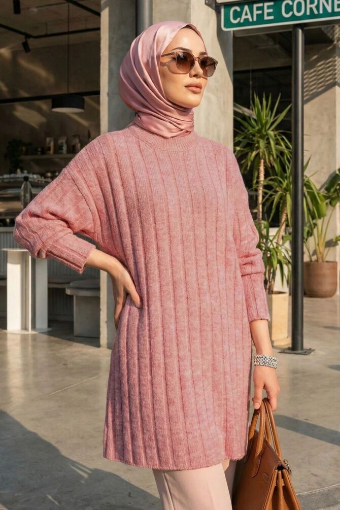 Fitilli Pudra Tesettür Triko Kazak Tunik 8844PD - 1