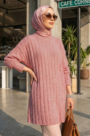 Fitilli Pudra Tesettür Triko Kazak Tunik 8844PD - 1