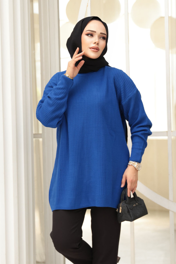 Fitilli Sax Mavisi Tesettür Triko Kazak Tunik 29141SX - 2