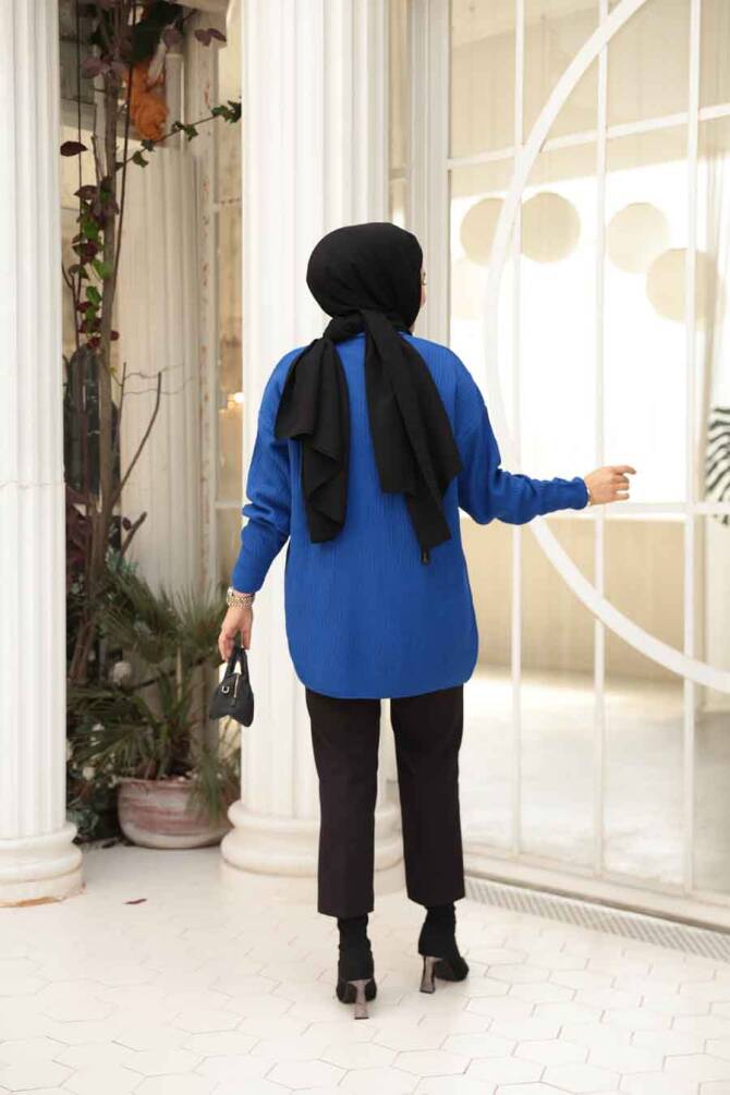 Fitilli Sax Mavisi Tesettür Triko Kazak Tunik 29141SX - 3
