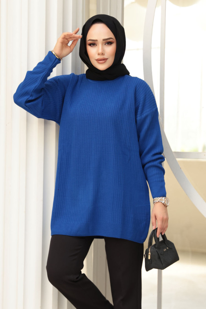 Fitilli Sax Mavisi Tesettür Triko Kazak Tunik 29141SX - N.S NEVA STYLE