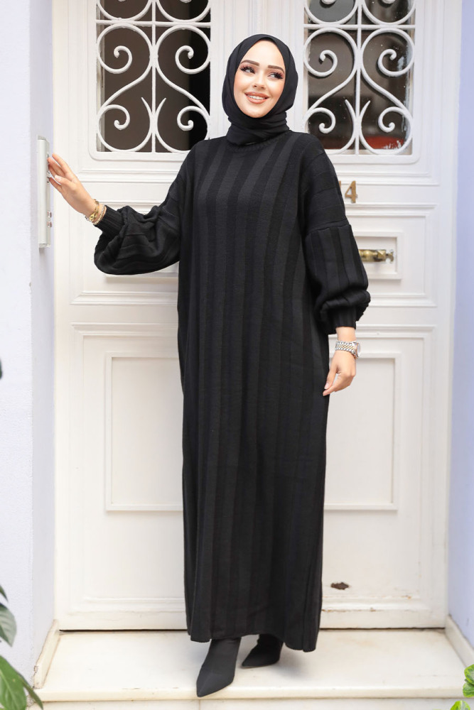 Fitilli Siyah Tesettür Triko Elbise 30633S - 1