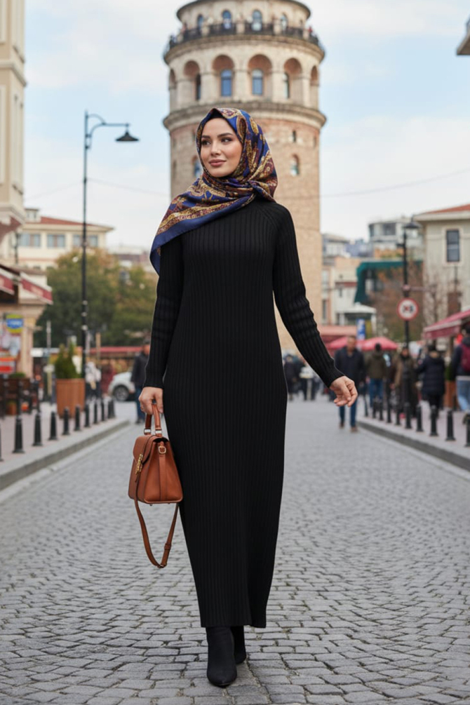 Fitilli Siyah Tesettür Triko Elbise 33672S - 1