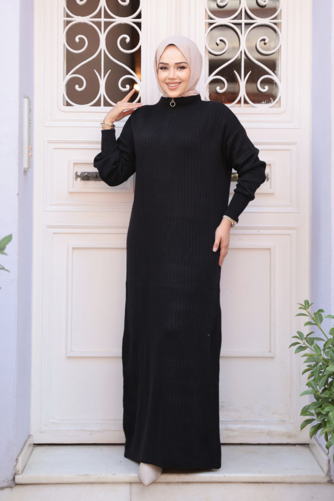 Fitilli Siyah Tesettür Triko Elbise 60481S - 1