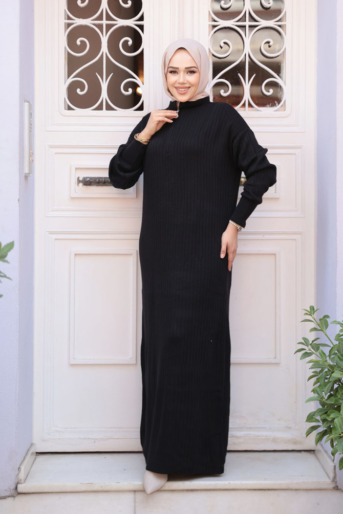 Fitilli Siyah Tesettür Triko Elbise 60481S - 2