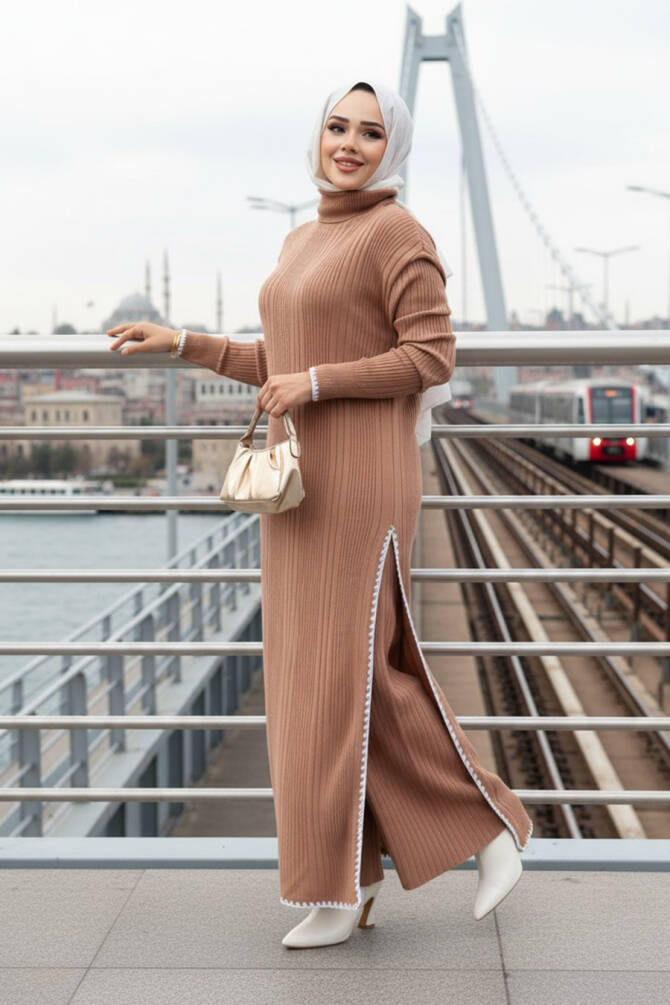 Fitilli Camel Tesettür Triko İkili Takım 35971C - 1