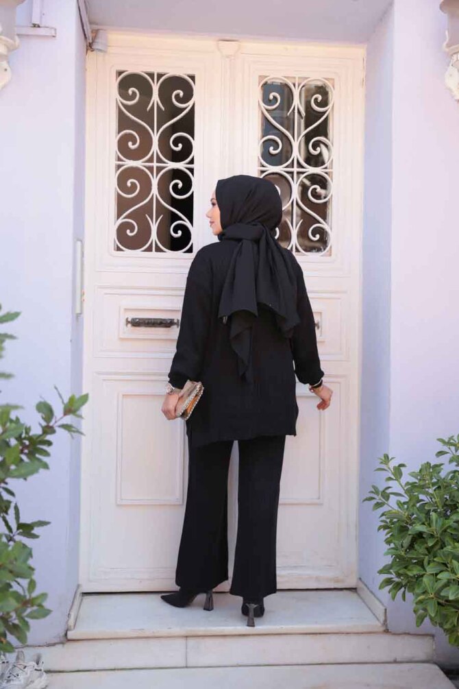 Fitilli Siyah Tesettür Triko İkili Takım 60381S - 5