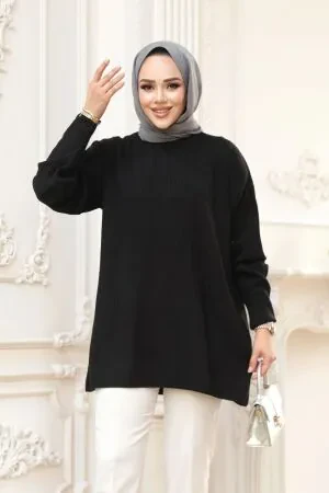 Fitilli Siyah Tesettür Triko Kazak Tunik 29141S 