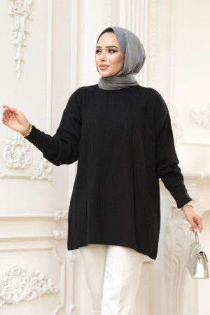 Fitilli Siyah Tesettür Triko Kazak Tunik 29141S - 2
